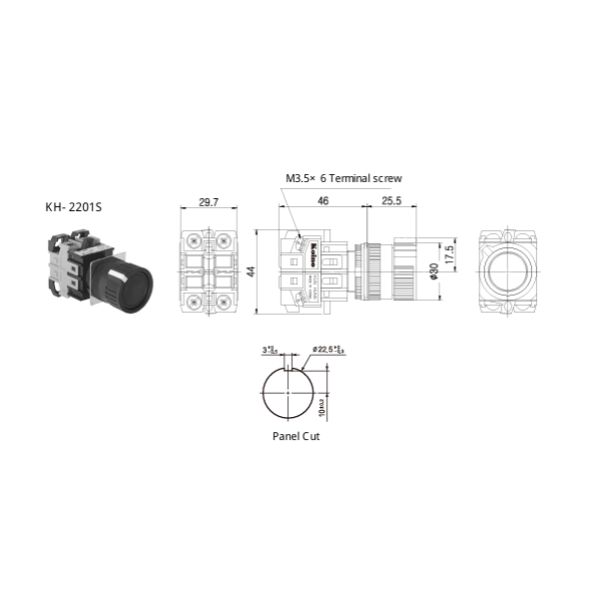 KH-2201SL-11BK Selector, Interruptor selector 22mm negro.