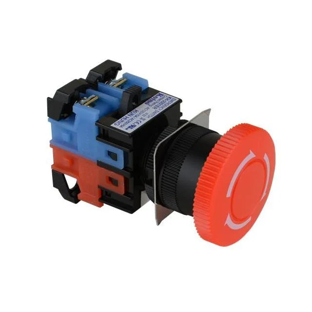 KH-2201ER-11-R SWITCH ESTOP TWIST RESET 6A 250V, Interruptor de parada de emergencia SPST-NO (Normalmente abierto) + SPST-NC (Normalmente cerrado) Montaje en panel, delantero